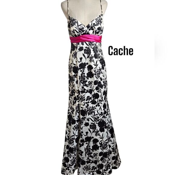 Cache Black White Floral Print Pink Trumpet Evening Gown Formal Dress Size 8 - Picture 1 of 6